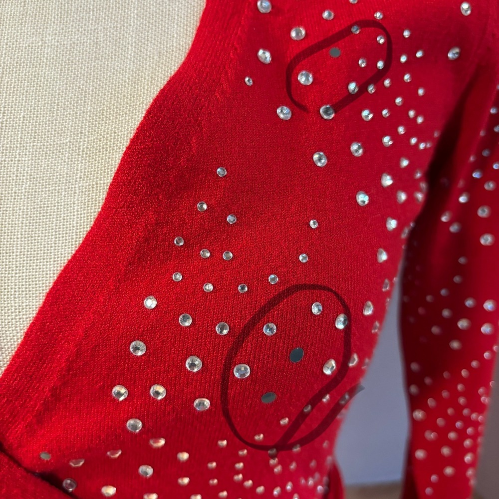 BOSTON PROPER Red Embellished Wrap Cardigan Sweater XXS Sparkle Tie Waist New - Picture 10 of 11